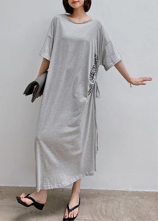 Women gray Letter outfit o neck drawstring Robe Dress - SooLinen