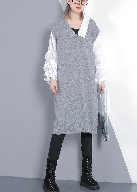 Women gray Sweater dress outfit Design Funny v neck knitted tops - SooLinen