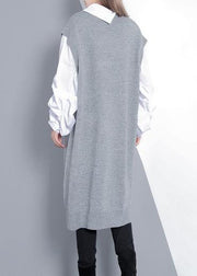 Women gray Sweater dress outfit Design Funny v neck knitted tops - SooLinen
