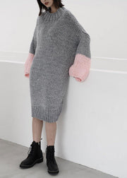 Women gray Sweater knit top pattern Upcycle o neck Batwing Sleeve knit dress - SooLinen