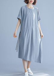 Women gray asymmetric hem cotton box dress Gifts drawstring waist summer dresses - SooLinen