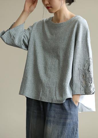 Women gray clothes For Women o neck patchwork box fall blouses - SooLinen