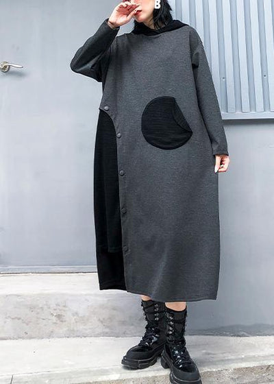Women gray cotton quilting clothes hooded patchwork loose fall Dress - SooLinen