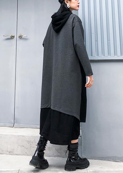 Women gray cotton quilting clothes hooded patchwork loose fall Dress - SooLinen