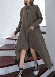 Women gray green Cotton 0lapel collar baggy asymmetric Dresses - SooLinen