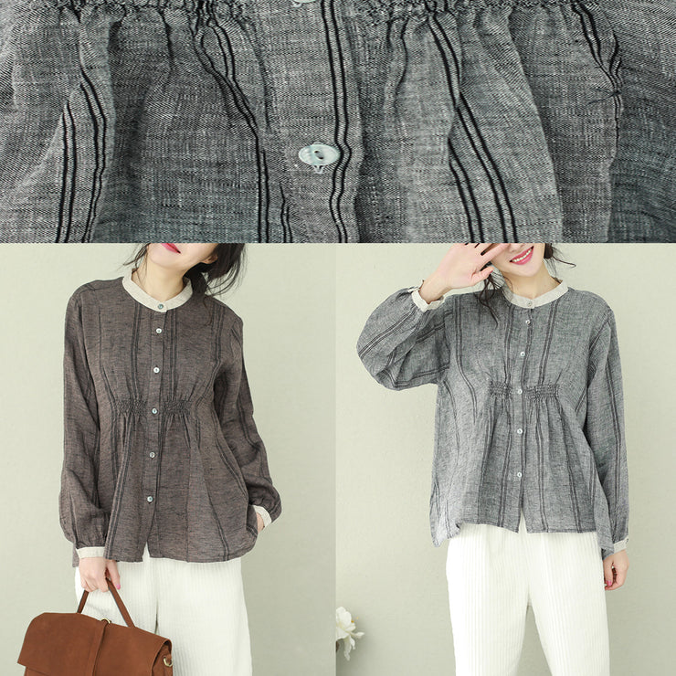 Women gray linen clothes For Women Omychic Wardrobes stand collar tunic blouses
