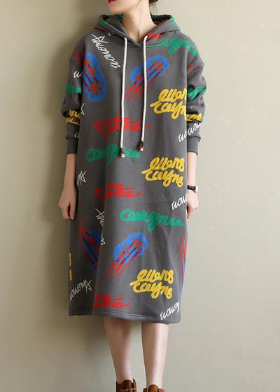 Women gray prints cotton Tunic warm Robe hooded Dress - SooLinen