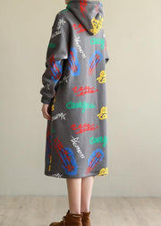 Women gray prints cotton Tunic warm Robe hooded Dress - SooLinen