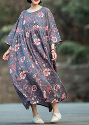 Women gray purple print cotton linen quilting clothes o neck large hem long spring Dress - SooLinen