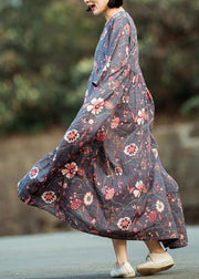 Women gray purple print cotton linen quilting clothes o neck large hem long spring Dress - SooLinen