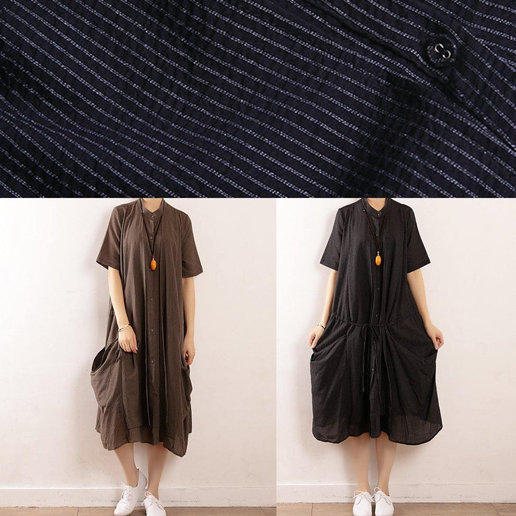 Women gray striped cotton Soft Surroundings stand collar pockets Plus Size Clothing v neck Dress - SooLinen