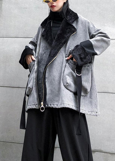 Women gray thick fine clothes For Women Sleeve zippered big pockets jackets - SooLinen