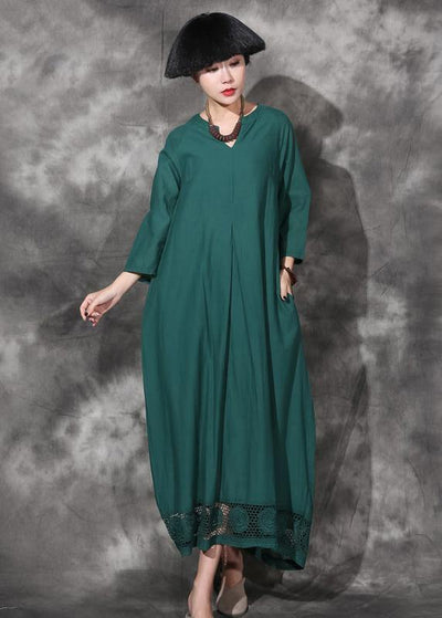Women green bracelet sleeved cotton clothes Women v neck Dresses summer Dresses - SooLinen