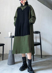 Women green cotton Tunics lapel patchwork Dresses - SooLinen