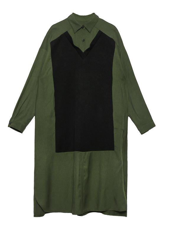 Women green cotton Tunics lapel patchwork Dresses - SooLinen