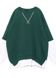 Women green cotton clothes false two pieces Dresses o neck top - SooLinen
