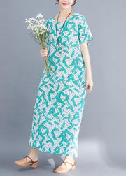 Women green cotton dresses Fashion Fabrics prints Maxi summer Dresses - SooLinen