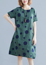 Women green dotted Cotton Tunic o neck pockets loose Dress - SooLinen