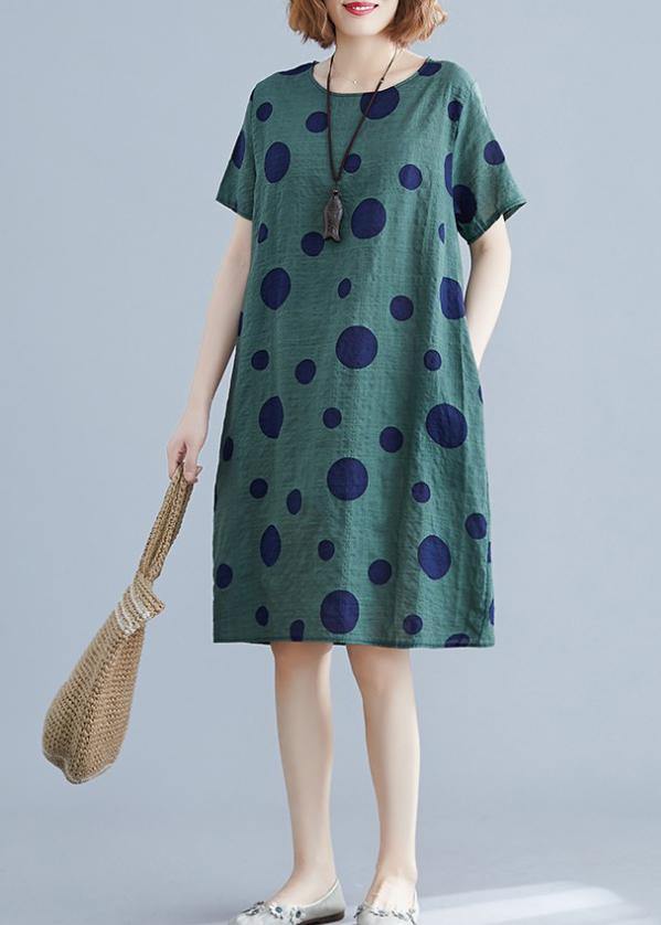 Women green dotted Cotton Tunic o neck pockets loose Dress - SooLinen