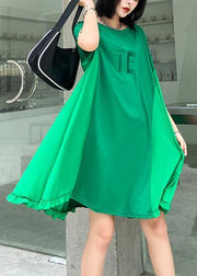 Women green embroidery Cotton Tunics o neck Midi summer Dress - SooLinen