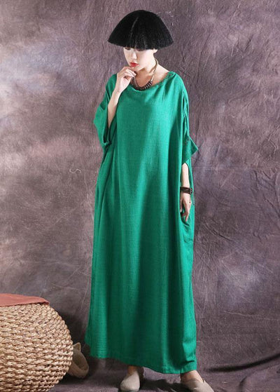 Women green linen cotton dress loose waist summer Dresses - SooLinen