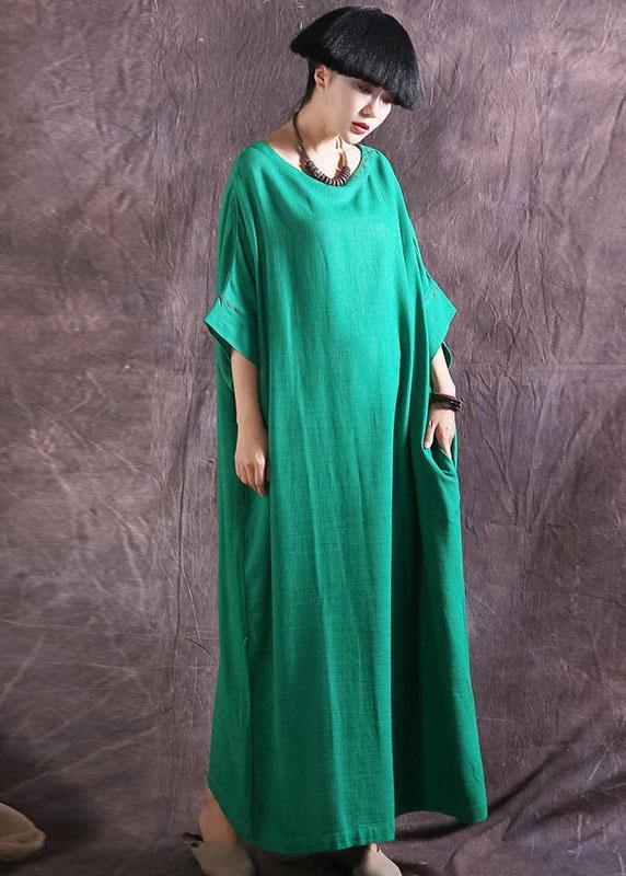 Women green linen cotton dress loose waist summer Dresses - SooLinen