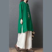 Damen grünes Leinen-Outfit Lässige Stoffe Chinesisches Kleid mit kurzen, seitlich offenen Knöpfen