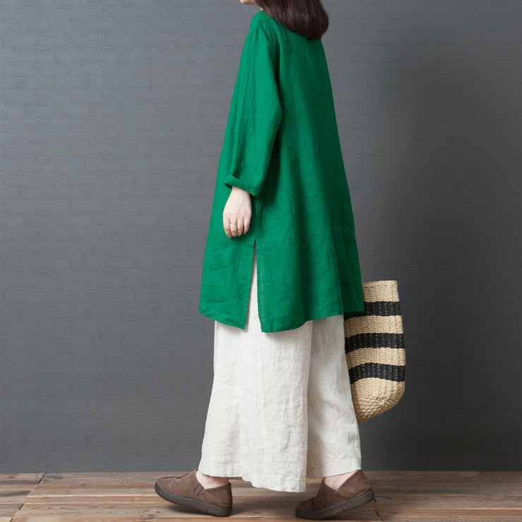 Damen grünes Leinen-Outfit Lässige Stoffe Chinesisches Kleid mit kurzen, seitlich offenen Knöpfen