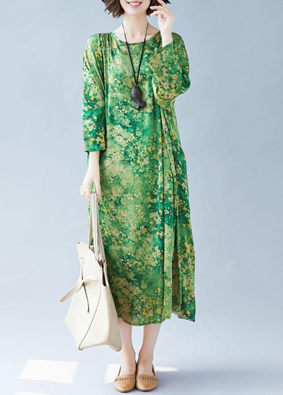 Women green print Long dress o neck Maxi summer Dresses - SooLinen
