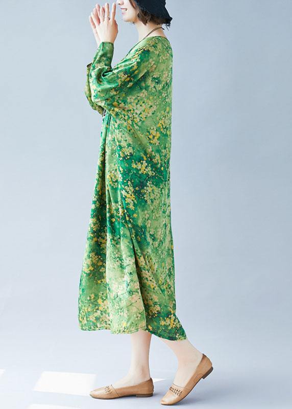 Women green print Long dress o neck Maxi summer Dresses - SooLinen