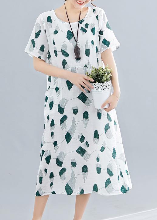 Women green print linen cotton Robes o neck pockets long summer Dress - SooLinen