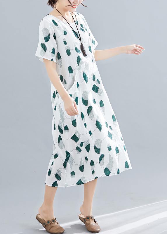 Women green print linen cotton Robes o neck pockets long summer Dress - SooLinen