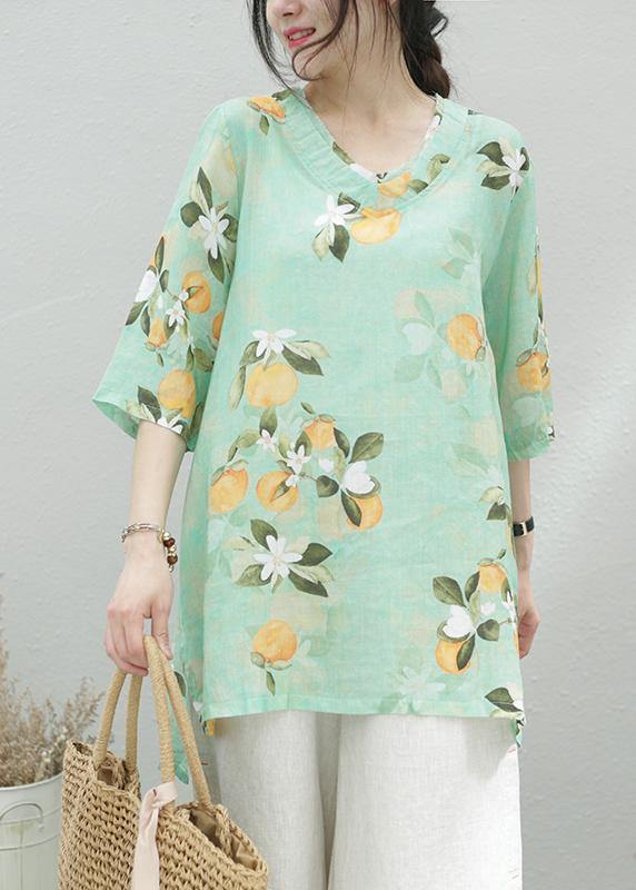 Women green print linen tunic top o neck half sleeve oversized summer shirt - SooLinen