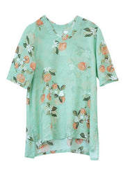 Women green print linen tunic top o neck half sleeve oversized summer shirt - SooLinen