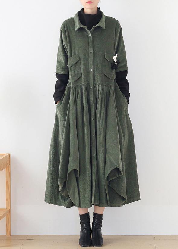 Women green quilting clothes lapel false two pieces A Line Dress - SooLinen