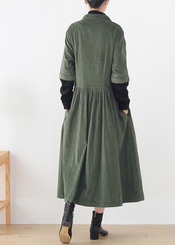 Women green quilting clothes lapel false two pieces A Line Dress - SooLinen