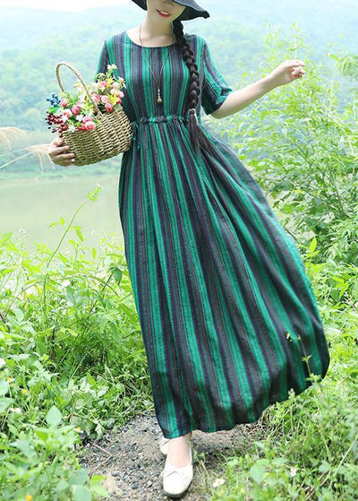 Women green striped cotton Long Shirts drawstring loose summer Dresses - SooLinen