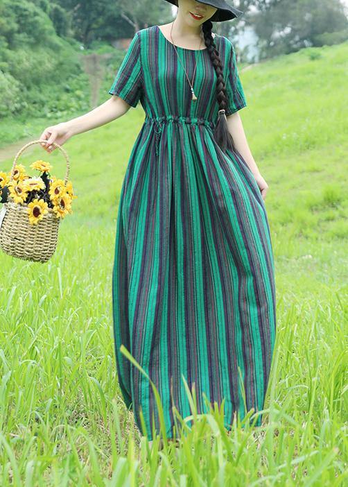 Women green striped cotton Long Shirts drawstring loose summer Dresses - SooLinen