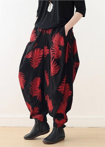 Women harem pants asymmetric cotton pattern plus size Inspiration black red Maxi pants - SooLinen
