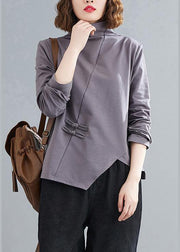 Women high neck Chinese Button clothes Tunic Tops gray blouses - SooLinen