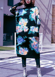 Women high neck Sweater Aesthetic plus size black print Fuzzy knit dress - SooLinen