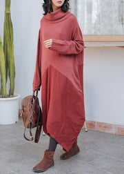 Women high neck asymmetric Sweater outfits Street Style red Fuzzy sweater dress - SooLinen