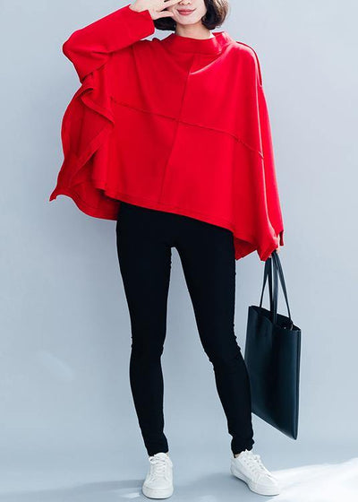 Women high neck asymmetric clothes Shirts red top - SooLinen
