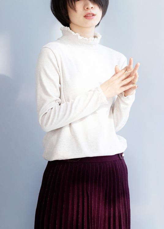 Women high neck beige knitwear Loose fitting  knitted t shirt - SooLinen