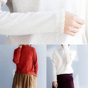 Women high neck beige knitwear Loose fitting  knitted t shirt - SooLinen