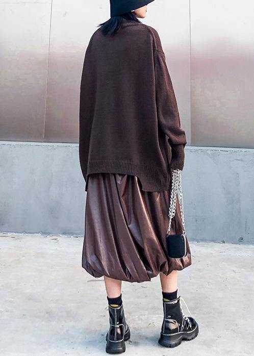 Women high neck chocolate knitted blouse plus size asymmetric hem box top - SooLinen