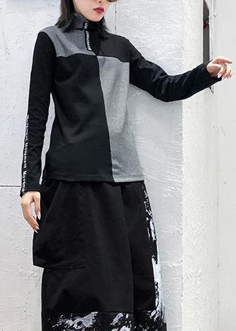 Women high neck cotton Tunic Neckline black patchwork gray top - SooLinen