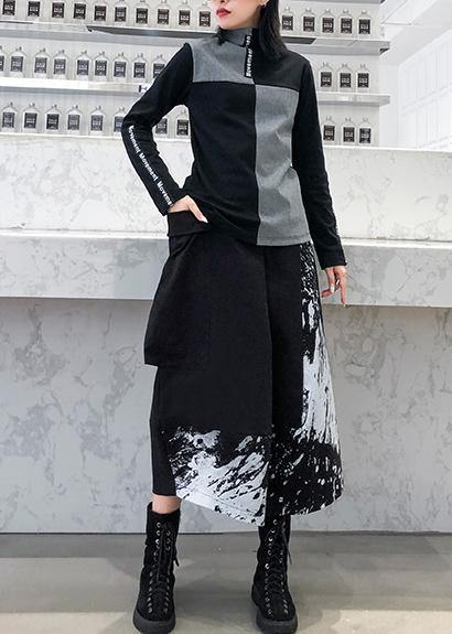 Women high neck cotton Tunic Neckline black patchwork gray top - SooLinen