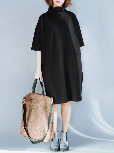 Women high neck half sleeve Cotton Tunics design black Dresses - SooLinen