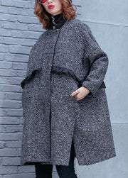 Women high neck pockets fine clothes gray striped Dresses coat - SooLinen